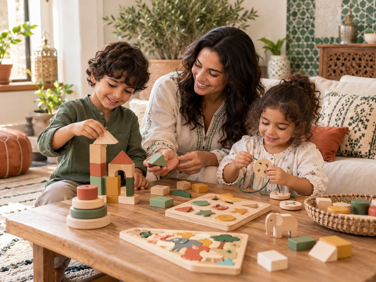 Famille marocaine partageant des jeux éducatifs en bois