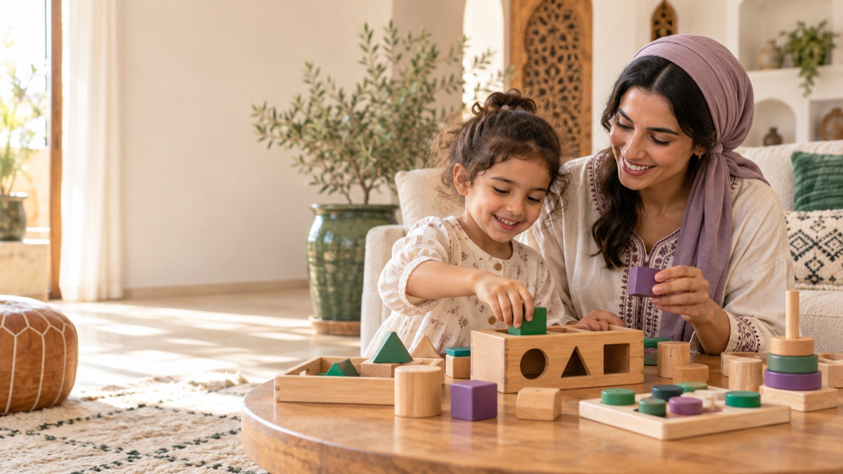 Mère et enfant jouant avec un jeu Montessori en bois