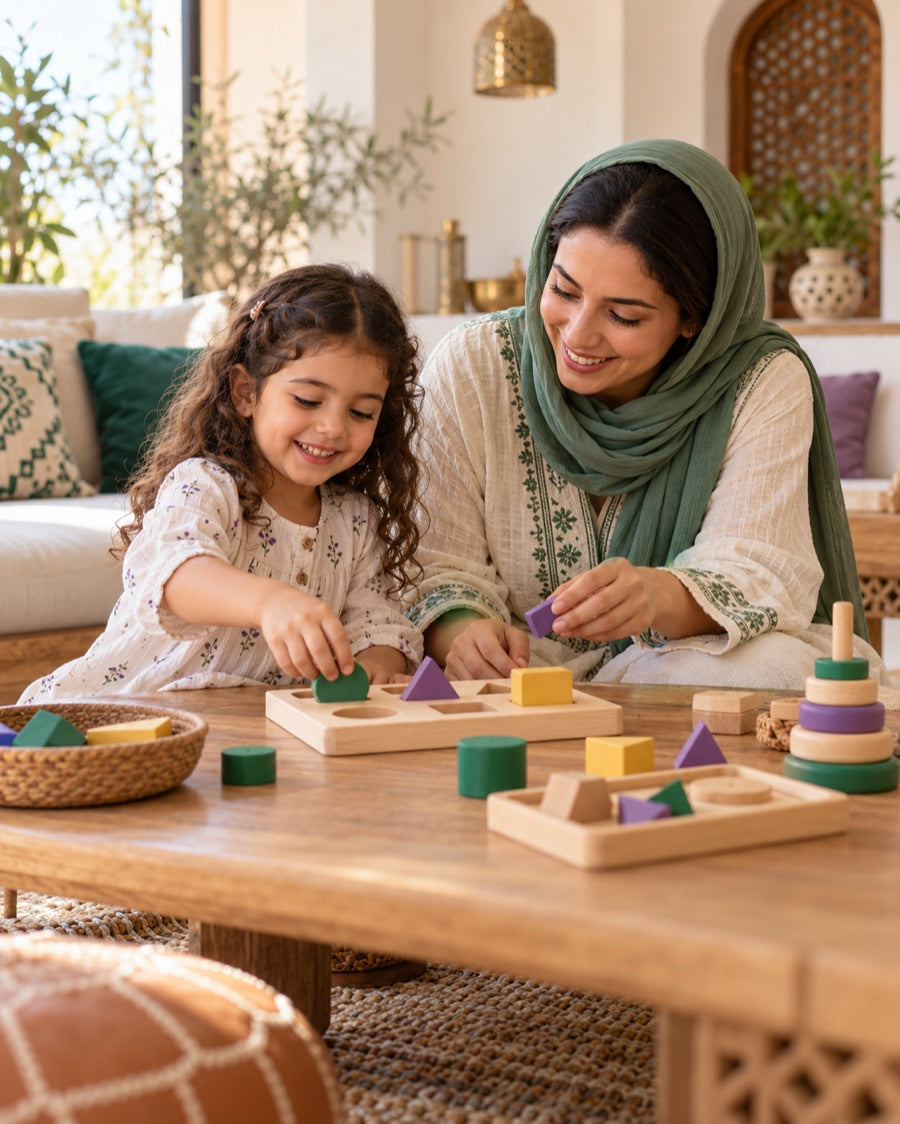 Mère et enfant découvrant les formes avec un jeu Montessori