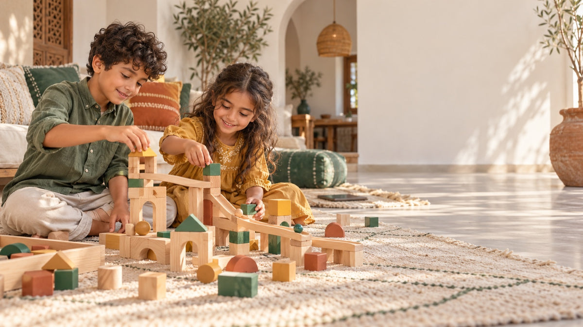 Deux enfants construisant ensemble avec des blocs en bois