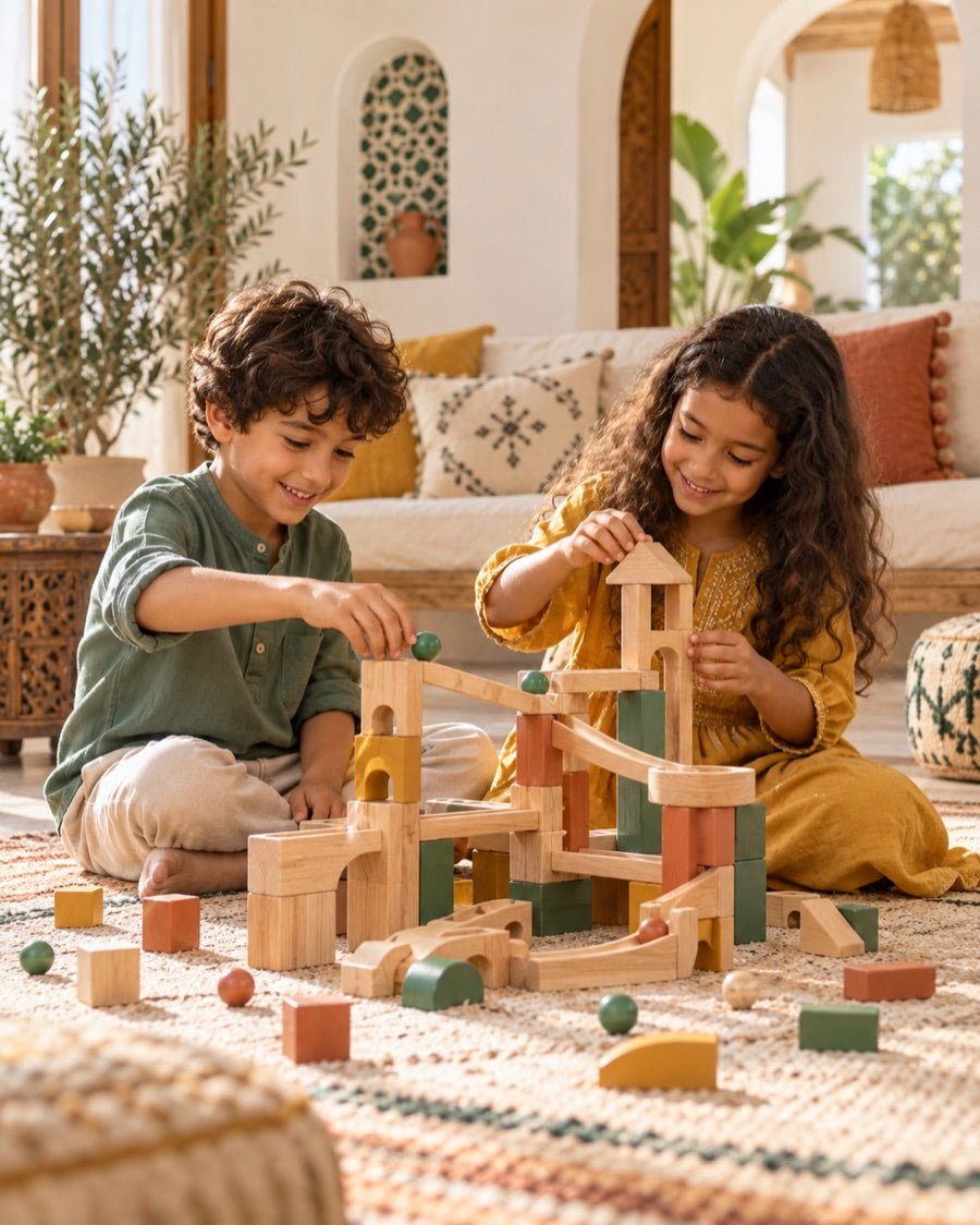 Frère et sœur concentrés sur un jeu de construction en bois