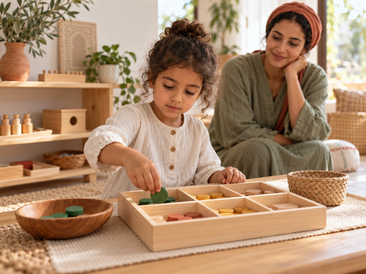 Enfant réalisant une activité Montessori de tri en autonomie